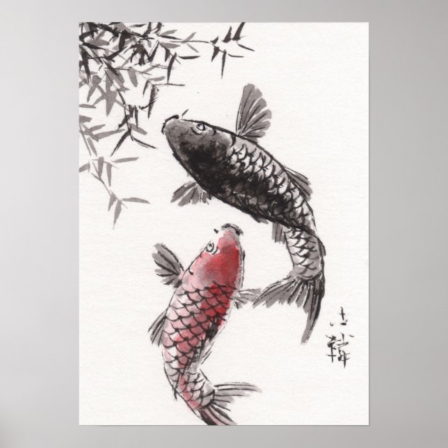 LinLi Chinese Watercolor Art Print - KOI Fish #2 Poster (Framsidan)