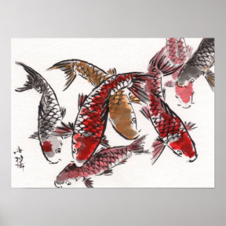 LinLi Chinese Watercolor Art Print - KOI Fish #3 Poster