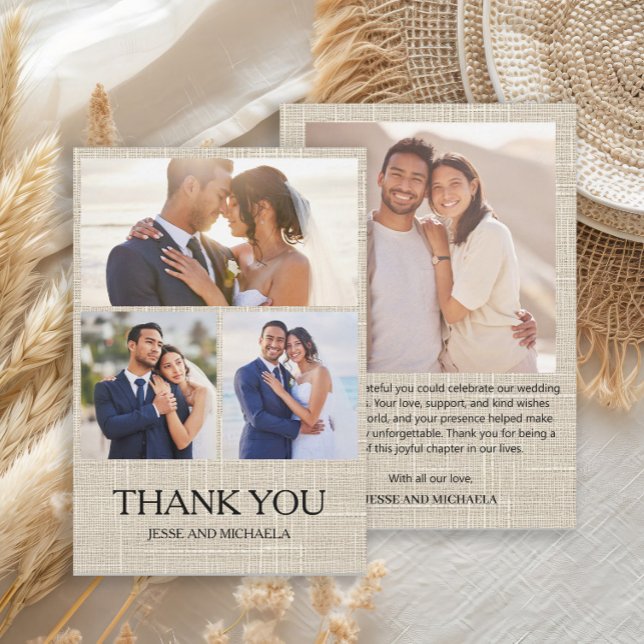 Linne Design Bröllop 4 Foto Collage Tack Kort (Linen 4-photo collage wedding Thank You card)