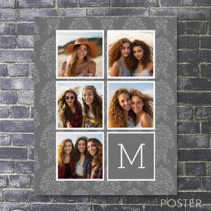 Linne och grå Monogram för Instagram 5 fotoCollage Poster