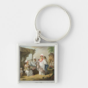 Linnet marknadsför, Roseau, Dominica, c.1780 (olj Fyrkantig Silverfärgad Nyckelring