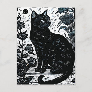 Linocut av en svart katt bland blommor vykort