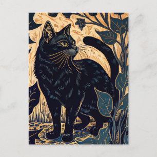 Linocut av en svart katt bland växter med gul bakg vykort