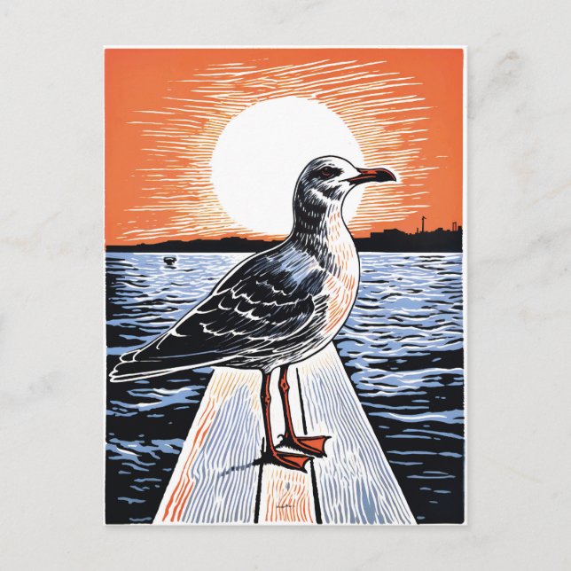 Linocut av mås på brygga vid solnedgång vykort (Framsida)