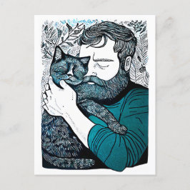 Linocut Bearded Man som håller ett katt Vykort