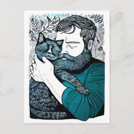 Linocut Bearded Man som håller ett katt Vykort