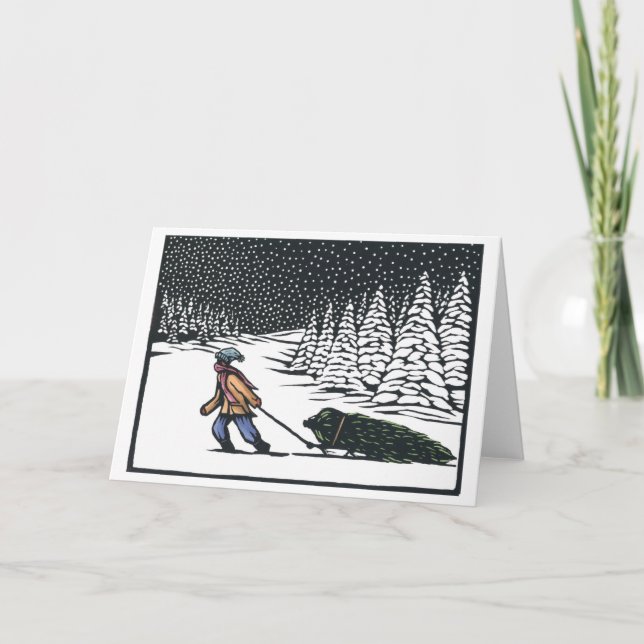 Linocut: Boy Pulling Julgran från Forest b Helgkort (Framsida)