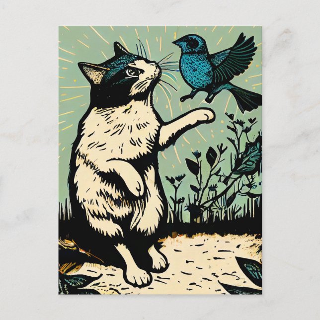 Linocut Cat Försök att fånga fåglar Vykort (Framsida)