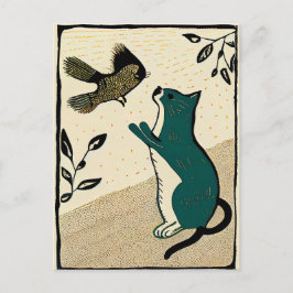 Linocut Cat Försök att fånga fåglar Vykort