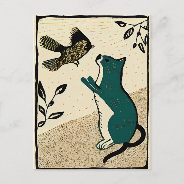 Linocut Cat Försök att fånga fåglar Vykort (Framsida)