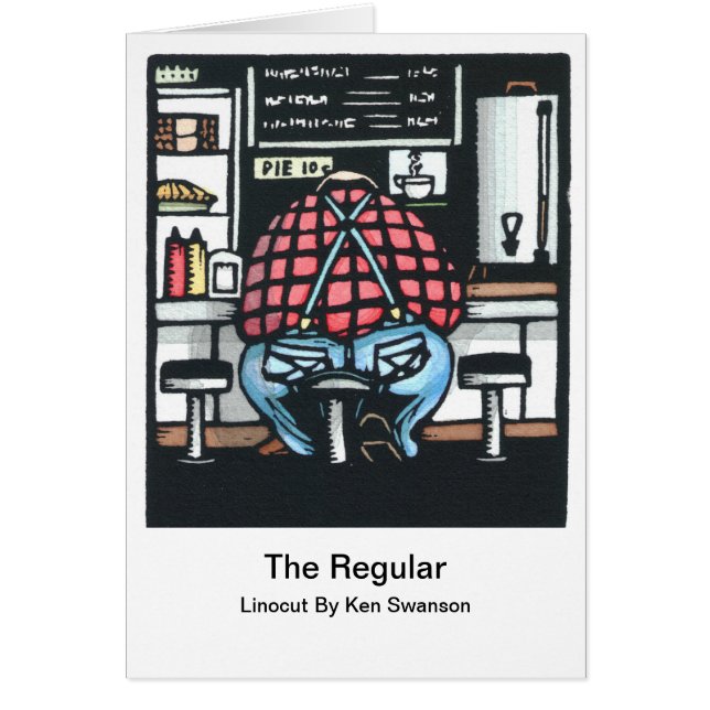 Linocut: Den stora manen på lunch kontrar vid Ken Hälsningskort (Framsidan)