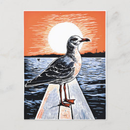 Linocut från Fiskmås på Pier vid Sunset Vykort