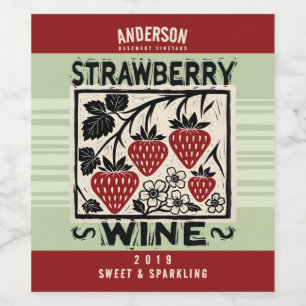 Linocut-jordgubbens hememade vin shrub  vinflaska etikett