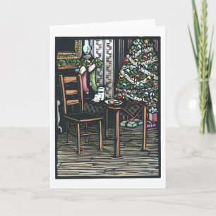 Linocut: Julgranen och Santa noterar den ByKen Helgkort