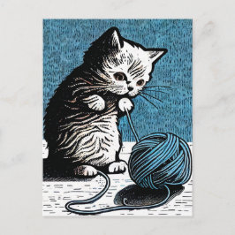 Linocut Kitten som spelar med Boll i Garn Vykort