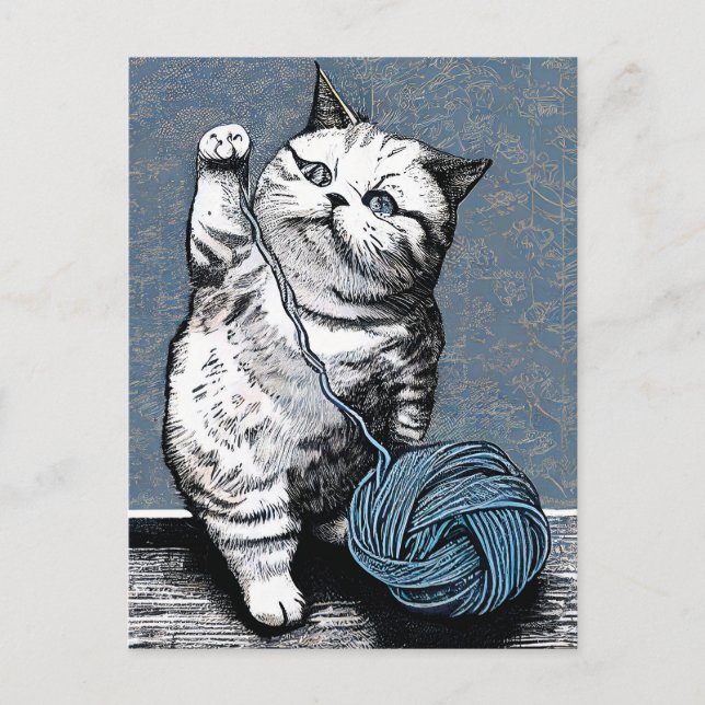 Linocut Kitten som spelar med Boll i Garn Vykort (Framsida)