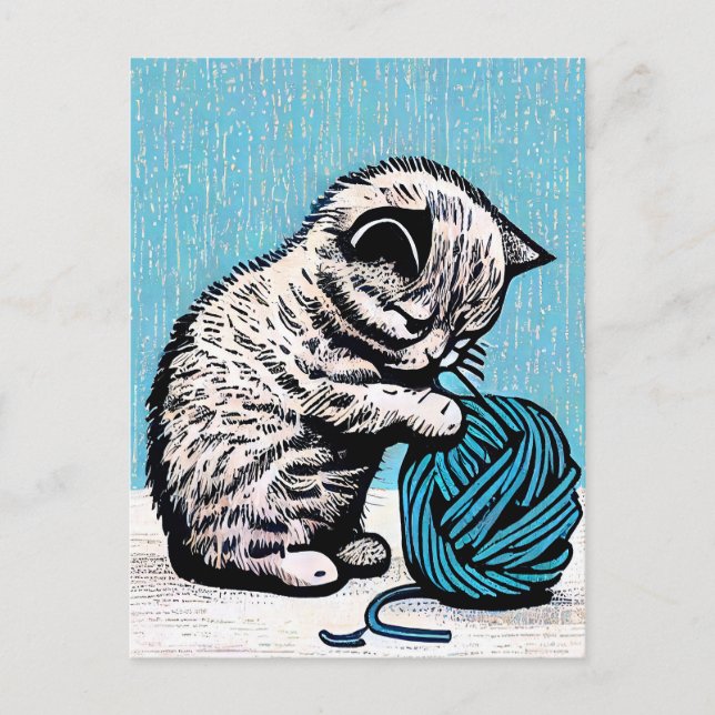 Linocut Kitten som spelar med Boll i Garn Vykort (Framsida)