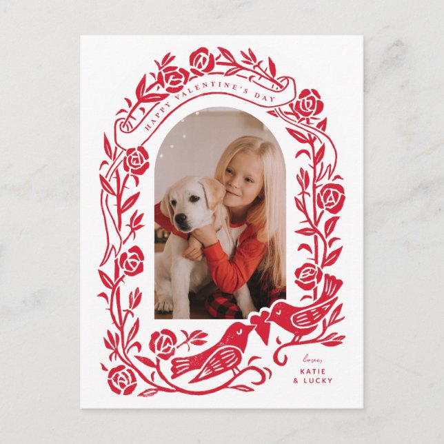 Linocut lovebird och ro-foto vykort (Framsida)