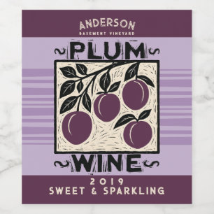Linocut plum homemade shrub vin vinflaska etikett