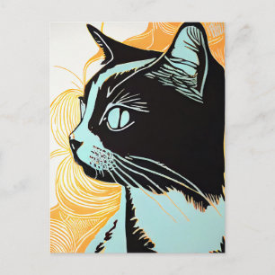 Linocut Porträtt i en katt i profil Vykort