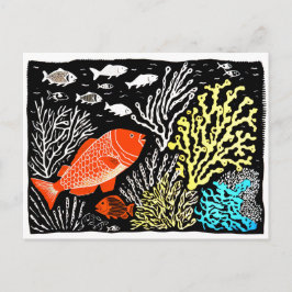 Linocut Red Fish Swimming in Coral Reef Vykort