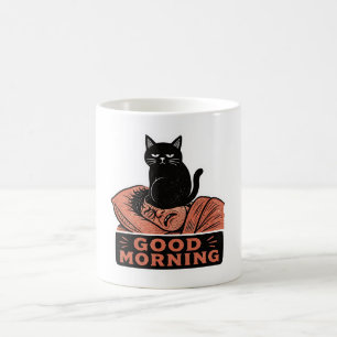 Linocut Sarksastisk Svart Katt God Morgon Meme Kaffemugg