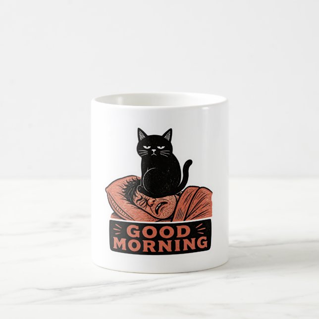 Linocut Sarksastisk Svart Katt God Morgon Meme Kaffemugg (Center)