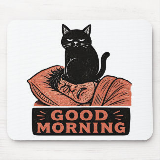 Linocut Sarksastisk Svart Katt God Morgon Meme Musmatta