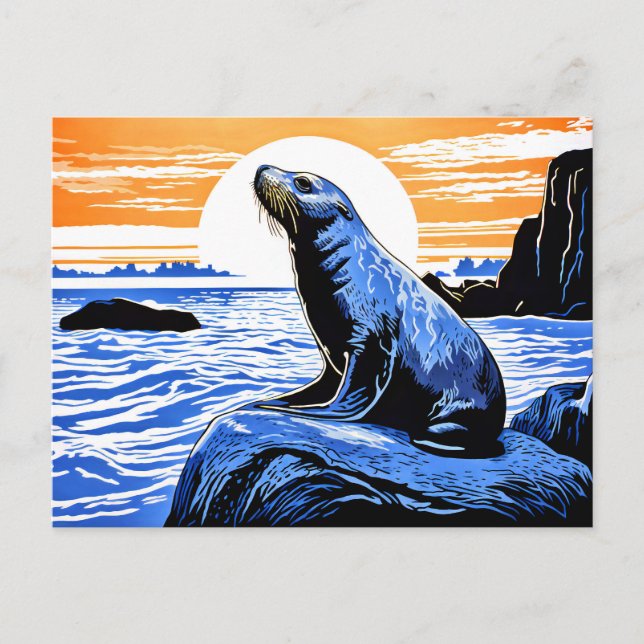 Linocut Sea Lejon på Sten vid Sunset Vykort (Framsida)