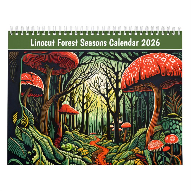 Linocut Skog Årstider Kalender 2026 (Omslag)