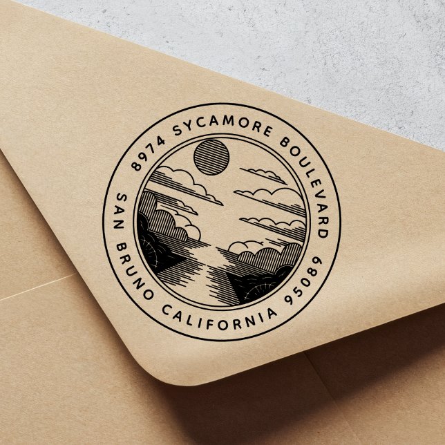 Linocut Style Landscape Return Address Stamp Självfärgande Stämpel (Skapare uppladdad)