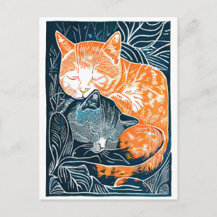 Linocut Svart och Röd Katt som Kramas i en Buske Vykort