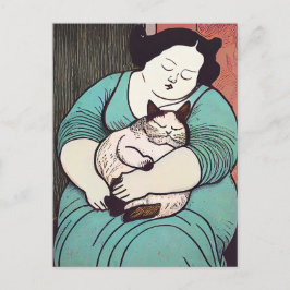 Linocut Voluptuous Woman Holding a Cat Vykort
