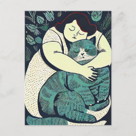 Linocut Voluptuous Woman Holding a Large Cat Vykort