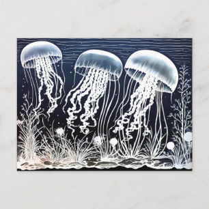Linocut White Jellyfish Swimming vid Coral riff Vykort