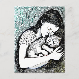 Linocut Young Woman Holding a Cat Vykort