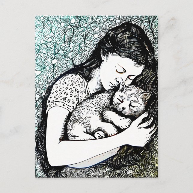Linocut Young Woman Holding a Cat Vykort (Framsida)