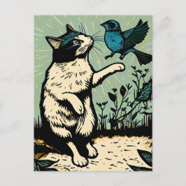 Linogravyr Katt som försöker fånga en fågel Vykort