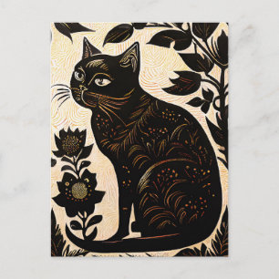 Linokut av en svart katt bland blommor vykort