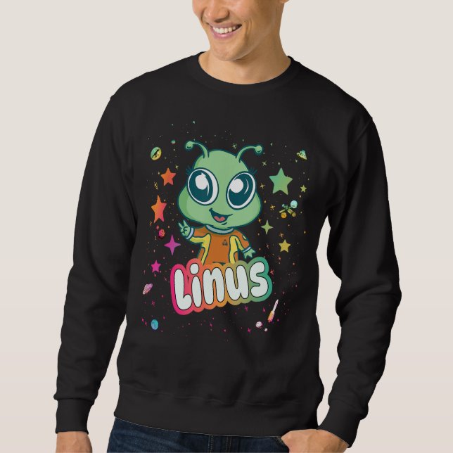 LINUS - Cute Boy Namn med söt Alien Lång Ärmad Tröja (Framsida)