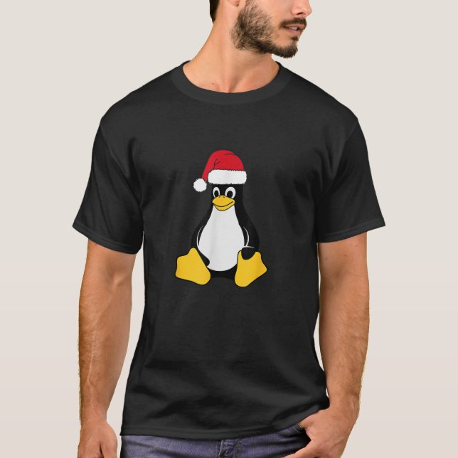 Linux Mascot Tux, Penguin Santa Hat Nerd Geek C T Shirt (Framsida)