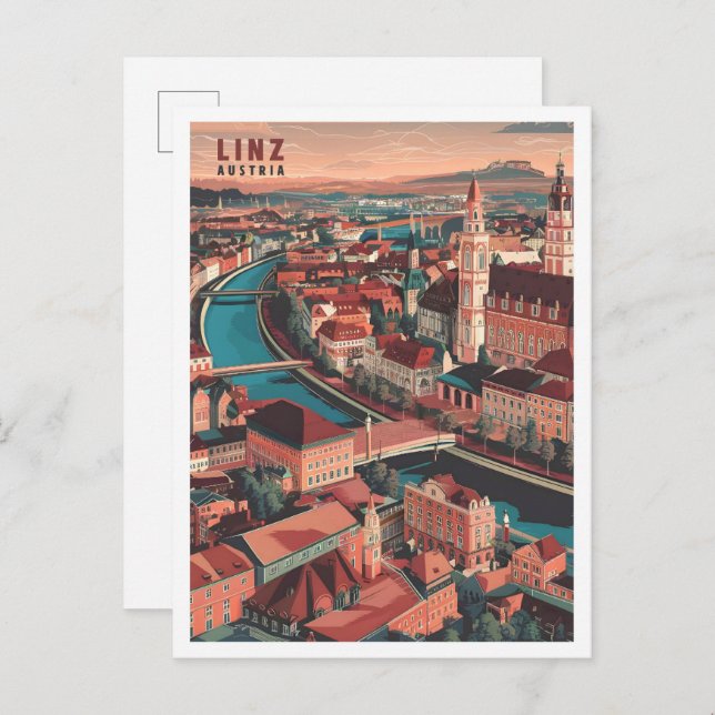 Linz Österrike Konst Vintage Resa Illustration Vykort (Fram/baksida)