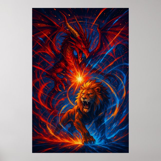 Lion and Dragon Wall Art – Elemental Energy Poster (Framsidan)