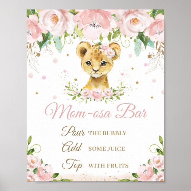 Lion Blush Pink Floral Baby Shower Momosa Bar Sign Poster (Framsidan)
