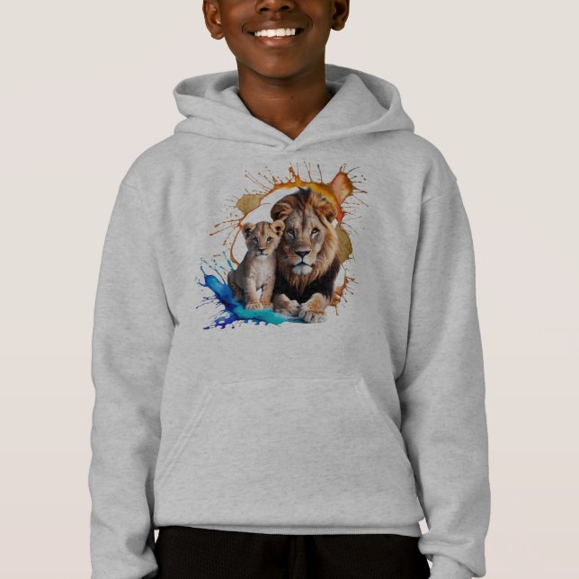 Lion Cub Paint Splatter Pullover Hoodie - Boys  T Shirt (Framsida)