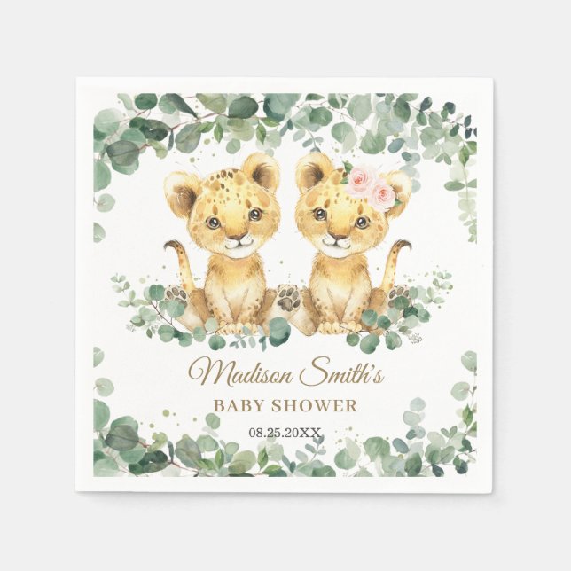 Lion Cubs Greenery Twin Boy Girl Baby Shower  Pappersservett (Framsidan)
