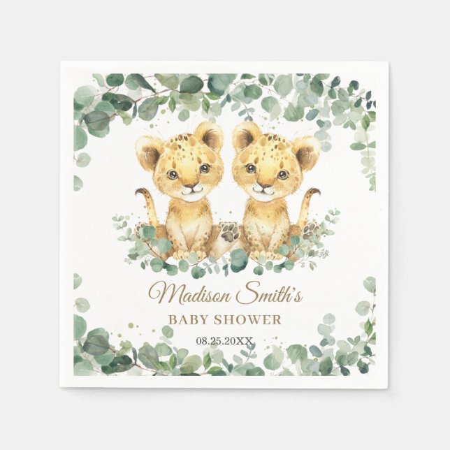 Lion Cubs Greenery Twin Boys Baby Shower  Pappersservett (Framsidan)