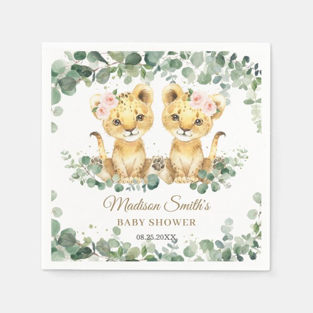 Lion Cubs Jungle Greenery Twin Girls Baby Shower  Pappersservett (Framsidan)