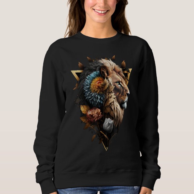 Lion Flowers Artwork Animal Print Art Lion Motif T Shirt (Framsida)