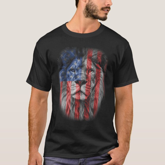 Lion Head Graphic American Patriotic Lion USA Flag T Shirt (Framsida)